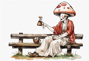 a mushroom person wearing a mushroom hat wearing a medieval tunic drinking from a wood cup, sitting on a bench laughing tattoo idea