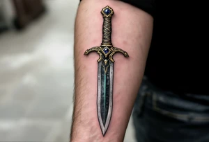 A ceremonial dagger with a serpent-shaped golden hilt, a dark jade blade etched with ancient runes, and a small sapphire embedded in the pommel, representing wisdom and hidden power. tattoo idea