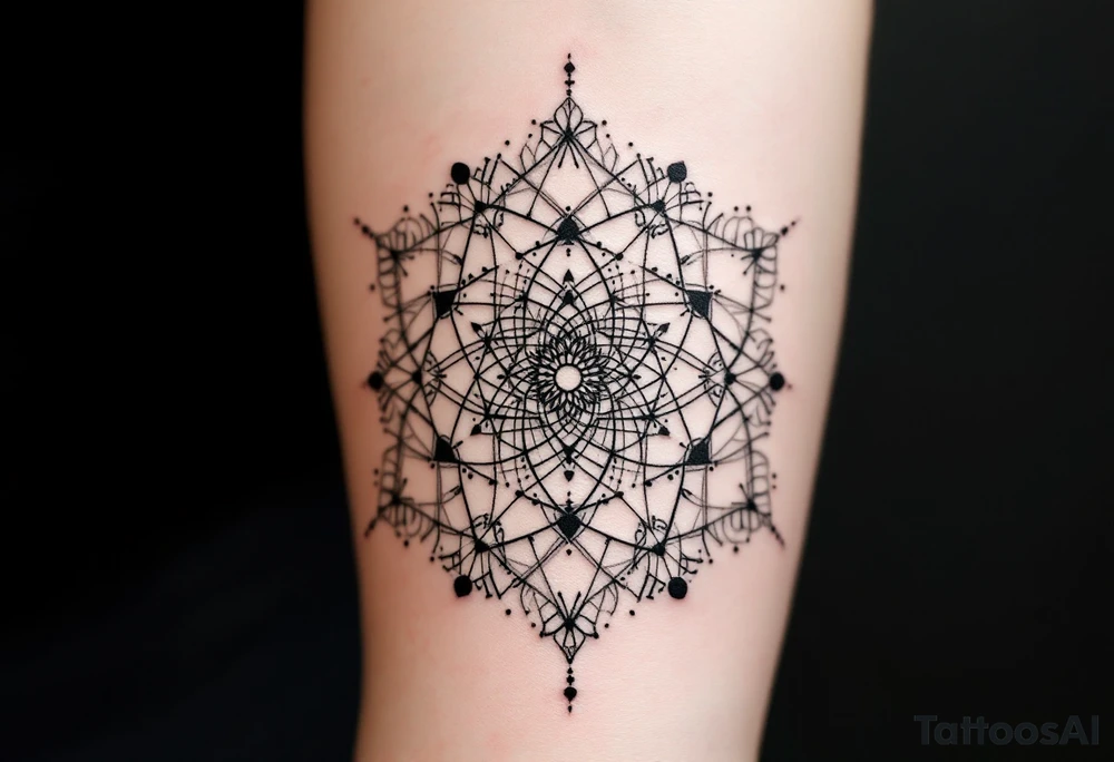 simple, minimalist tattoo, sacred geometry mandala, centerpiece design, dotwork patterns, radiating geometry, symmetrical mandala, geometric shapes, intricate dotwork, sacred patterns, mandala center, geometric radiating, fine line work, black grey shading, minimalist design, no outlines, arm placement, delicate linework, precise geometry, clean symmetry, sacred symbols, geometric precision, dotwork details, mandala focal point, refined patterns, understated complexity, geometric harmony, minimalist tattoo idea