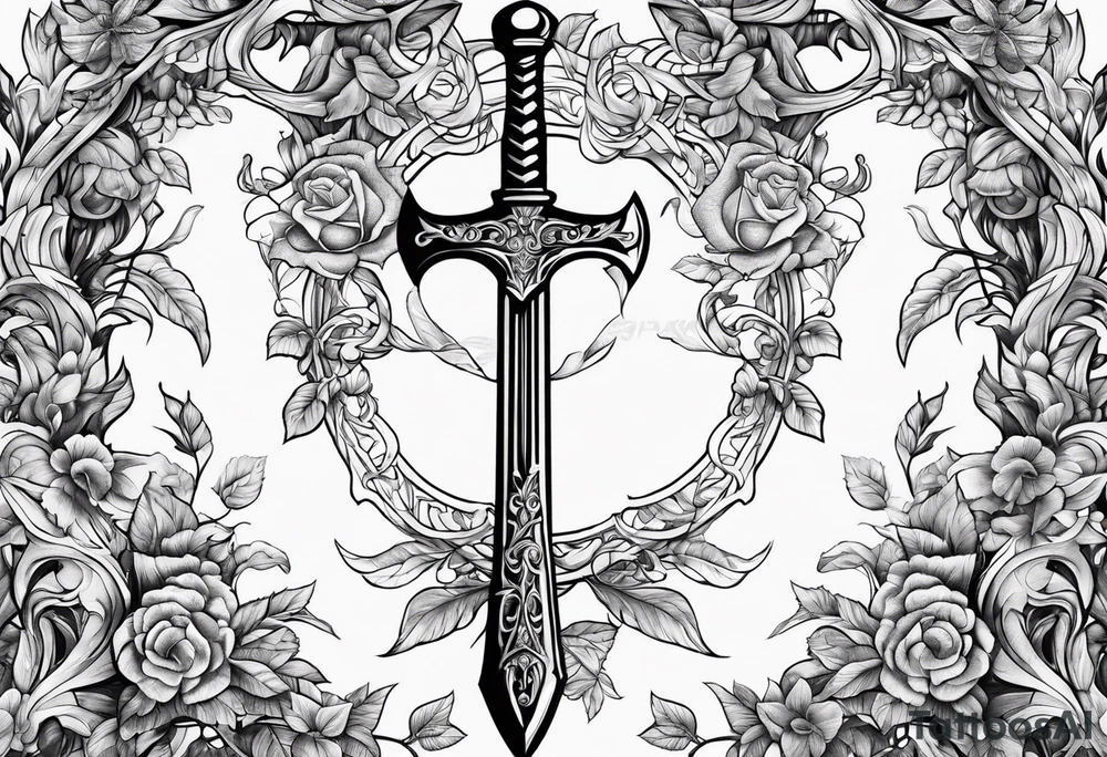 Leafy vines with sword tattoo idea