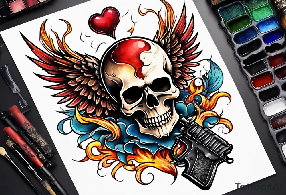 skull with a gun dominated by a  heart with wings and  flames coming out of the top of it tattoo idea