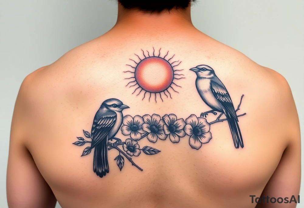 Four birds, flowers, branch, sun tattoo idea