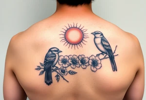 Four birds, flowers, branch, sun tattoo idea