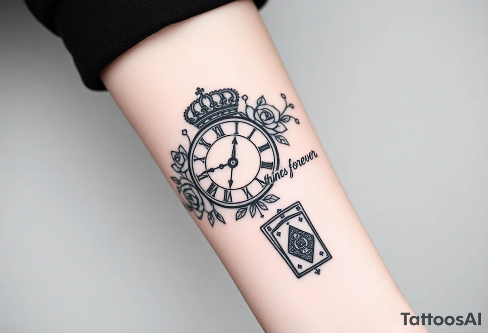 Roman clock with roses and a crown,  a quote that says nothings forever. and on the bottom a deck of cards tattoo idea