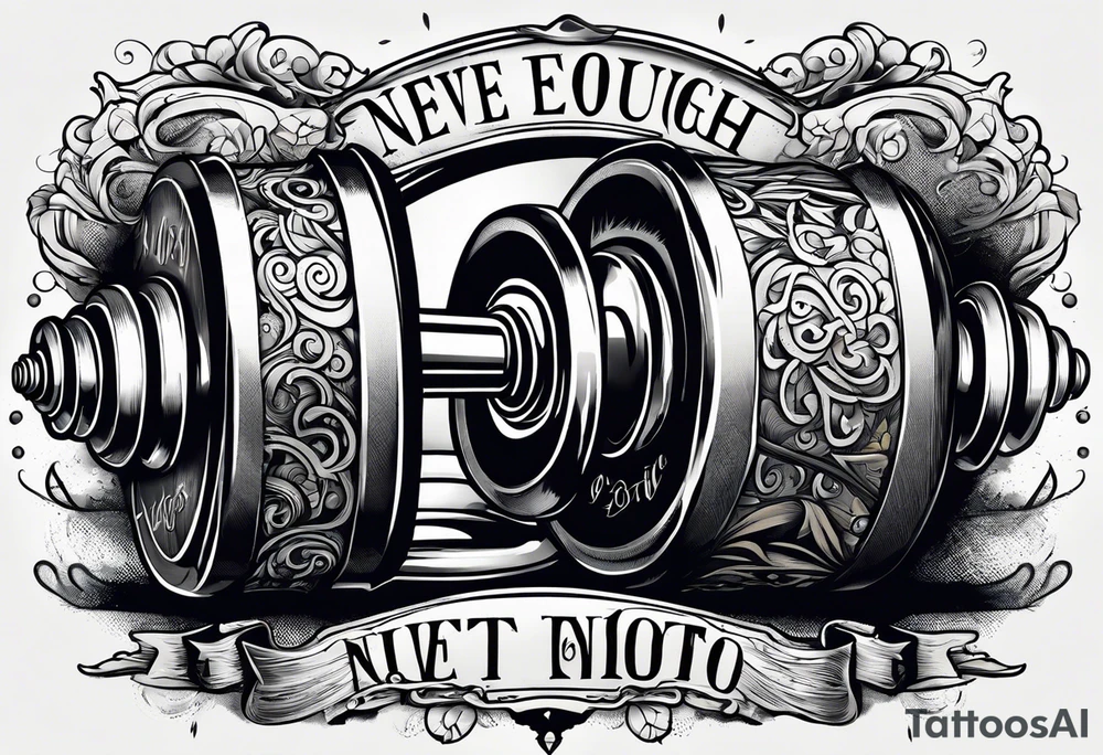Dumbell with writing text : never enough tattoo idea