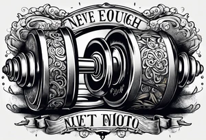 Dumbell with writing text : never enough tattoo idea