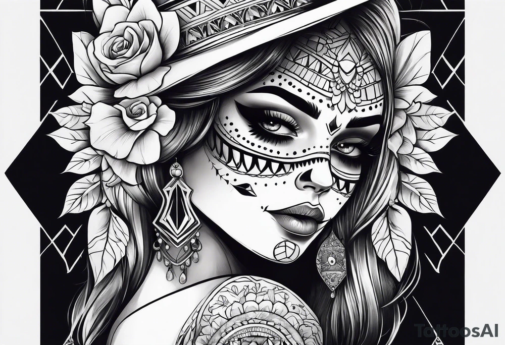 muertos style girl stretched horizontally tattoo idea