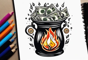 money bags on fire tattoo idea