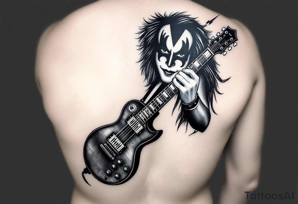 Create art for a tattoo. It will be a sleeve tattoo based on KISS guitarist Ace Frehley and his character designed make up. Abstract. Include his guitar, lightning bolts, his autograph, design of his make up. tattoo idea