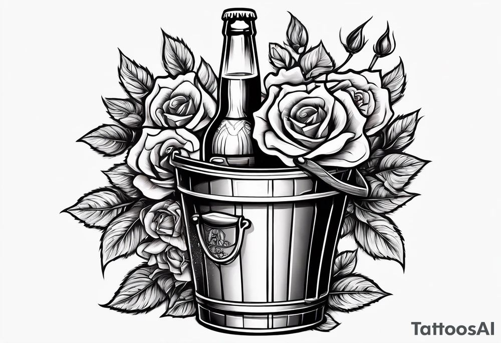 A bottle of beer and a stalk of rose in the bucket tattoo idea