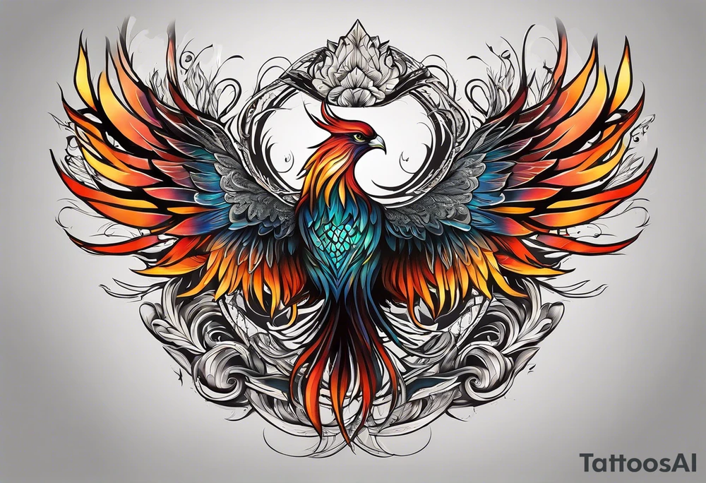 Tattoo: A powerful, majestic phoenix, depicted mid-flight or rising, with wings extended and feathers flowing. Deep shading and intricate details to bring out the texture and motion of the feathers. tattoo idea