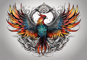 Tattoo: A powerful, majestic phoenix, depicted mid-flight or rising, with wings extended and feathers flowing. Deep shading and intricate details to bring out the texture and motion of the feathers. tattoo idea