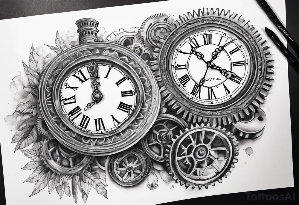 Roman clock with gears over colosseum tattoo idea
