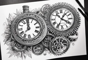 Roman clock with gears over colosseum tattoo idea