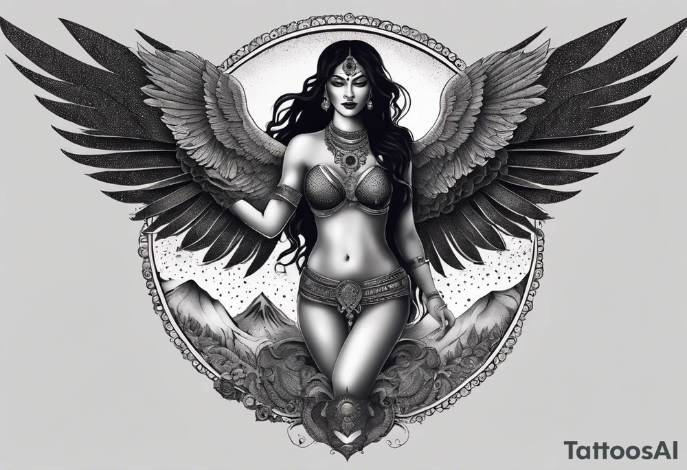 black kali, goddess pirate, alien, angel, pachamama, valkrye, warrior, flying, skull, lotus azul, wing, eagle, zenza resonance, stars, 5D, anahata chakra, death, durga, riding on a tiger, flying lady, kundalini, chest tatoo, samuri, rebel,serpent tattoo idea