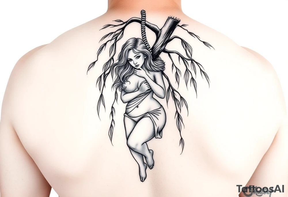Fat sexy woman hanging with a noose off a weeping willow tree tattoo idea
