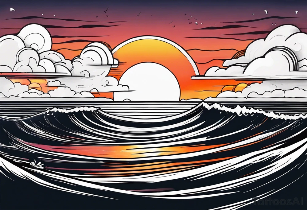 You're adding way too much. hand drawn minimal sunset. Only Ocean and sunset in the image. Very calm waters with barely any waves. tattoo idea