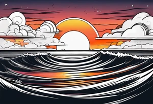 You're adding way too much. hand drawn minimal sunset. Only Ocean and sunset in the image. Very calm waters with barely any waves. tattoo idea
