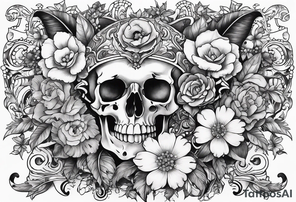 Neo traditional floral chest piece tattoo with small animal skulls and crystals tattoo idea