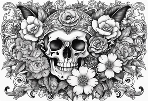 Neo traditional floral chest piece tattoo with small animal skulls and crystals tattoo idea