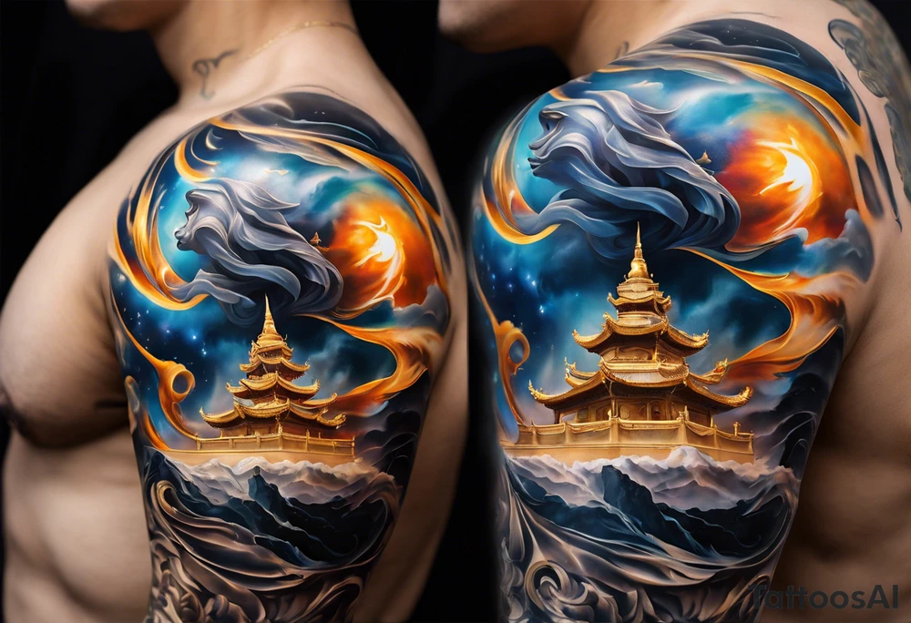 Visualize a mesmerizing tattoo featuring a majestic marble statue depicted in the process of breaking free from its stone confines, symbolizing the liberation of the mind and the pursuit of higher understanding. The statue's form, sculpted with meticulous detail, appears to be emerging from a celestial shell adorned with cosmic motifs and swirling galaxies. As the shell fractures, radiant beams of light pierce through, illuminating the surrounding space in a breathtaking display of enlightenment and awakening. In the background, a vast expanse of stars and celestial bodies stretches into infinity, evoking a sense of wonder and boundless potential. This tattoo serves as a powerful metaphor for breaking free from limitations and embracing the expansive universe of knowledge and possibility. tattoo idea