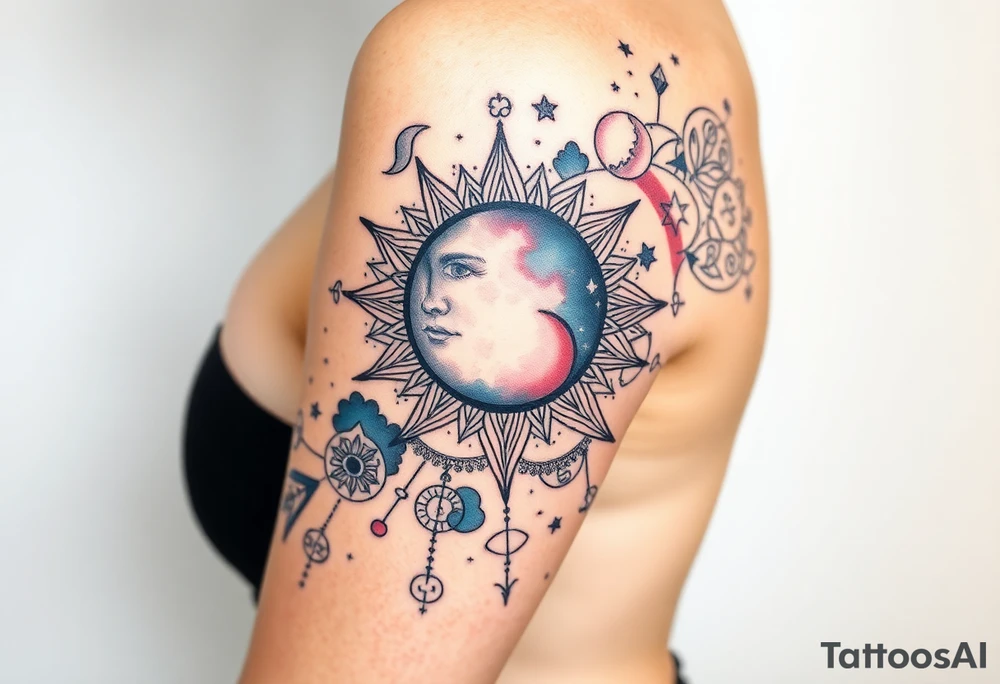celestial sun and moon with constellation patterns runes in starry sky tattoo idea