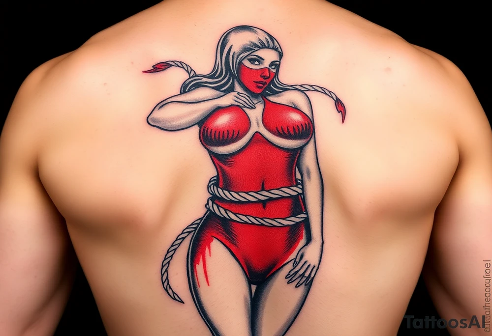 female nude sex slave, wearing red latex catsuit and latex face mask, bound in rope hip sized tattoo idea