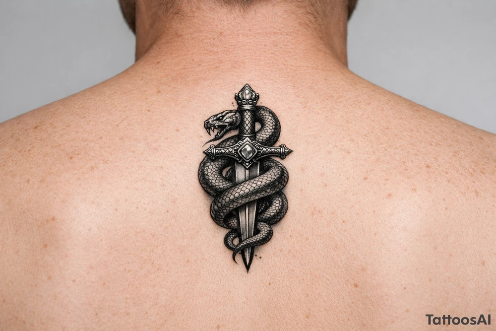 mystical snake coiled around an ancient dagger with jeweled hilt tattoo idea