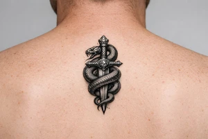 mystical snake coiled around an ancient dagger with jeweled hilt tattoo idea
