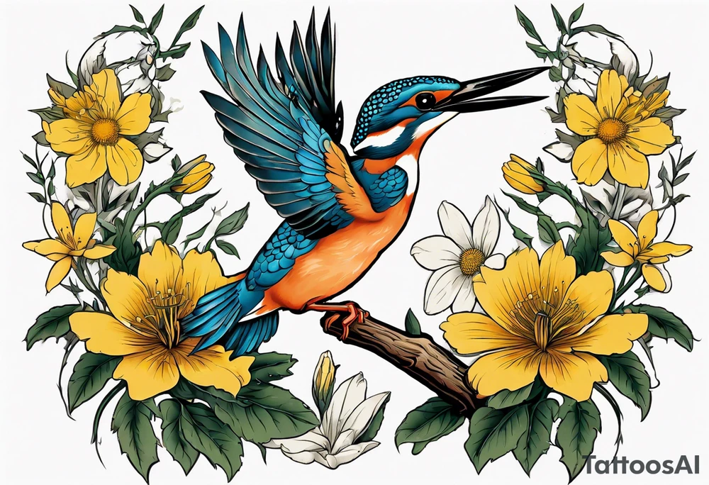 Thigh tattoo of a Kingfisher taking flight surrounded by St John's Wort flowers (each flower has 5 petals) tattoo idea