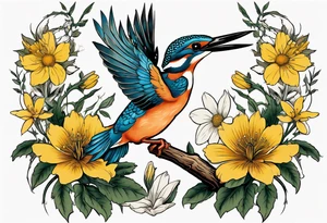 Thigh tattoo of a Kingfisher taking flight surrounded by St John's Wort flowers (each flower has 5 petals) tattoo idea
