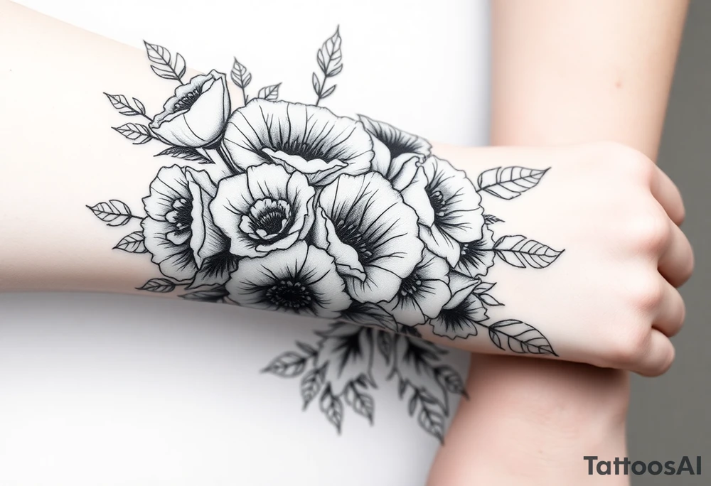 Bouquet of roses, carnations, marigolds and poppies tattoo idea