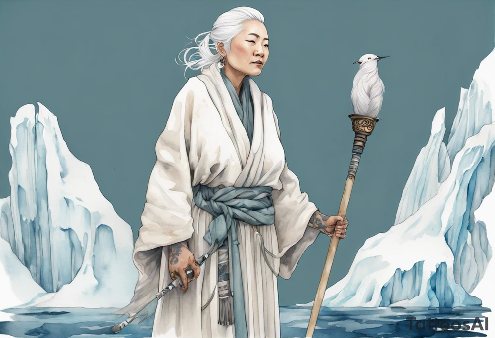 a 40 year old Inuit woman with white hair and a white robe holding a silver and white staff, standing on an iceberg tattoo idea