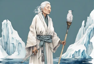 a 40 year old Inuit woman with white hair and a white robe holding a silver and white staff, standing on an iceberg tattoo idea