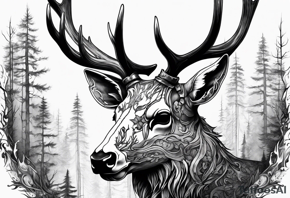 A side profile of decayed deer skull head in a forest fire tattoo idea