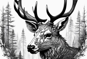 A side profile of decayed deer skull head in a forest fire tattoo idea
