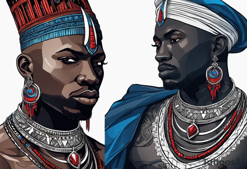 Black-skinned bald african warrior. He wears a simple and small silver crown. He uses blue and red necklaces tattoo idea