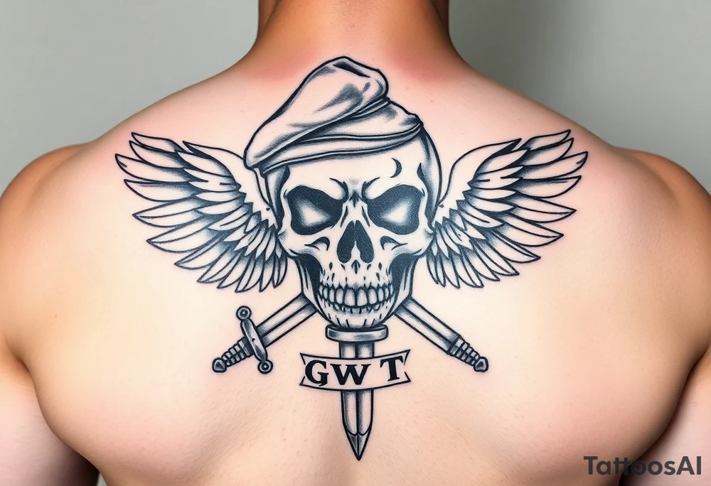 Create me military tattoo with skull, sword, beret on skull and word that say GWOT kid with wings tattoo idea