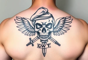 Create me military tattoo with skull, sword, beret on skull and word that say GWOT kid with wings tattoo idea