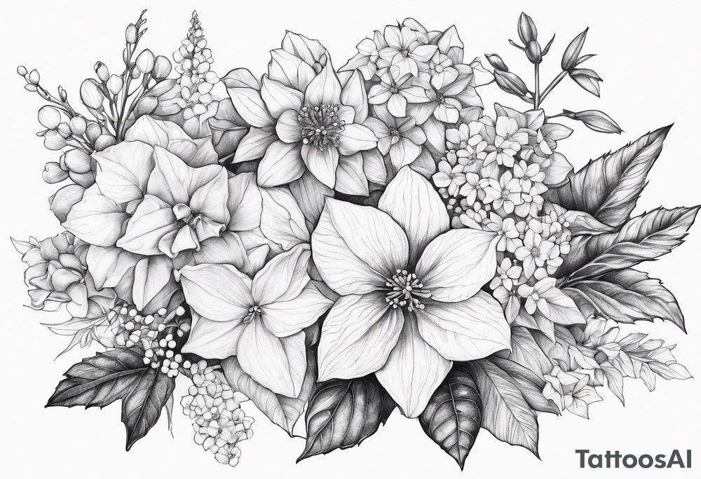 Hydrangea, Narcissus, Poinsettia, Holly, Gladiolus, Poppy, Daisy, Sweet Pea floral bouquet tattoo idea