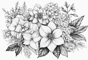 Hydrangea, Narcissus, Poinsettia, Holly, Gladiolus, Poppy, Daisy, Sweet Pea floral bouquet tattoo idea