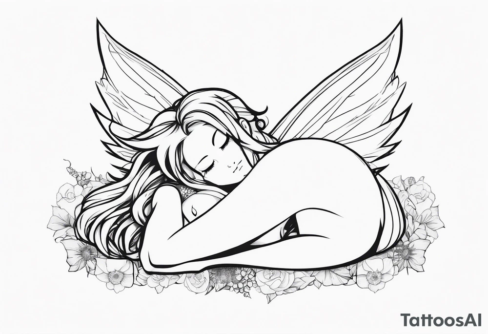 No color fairy with a tail inspired by the anime show called Fairy Tail in a fetal position leaning in and forward while sleeping tattoo idea