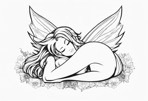 No color fairy with a tail inspired by the anime show called Fairy Tail in a fetal position leaning in and forward while sleeping tattoo idea