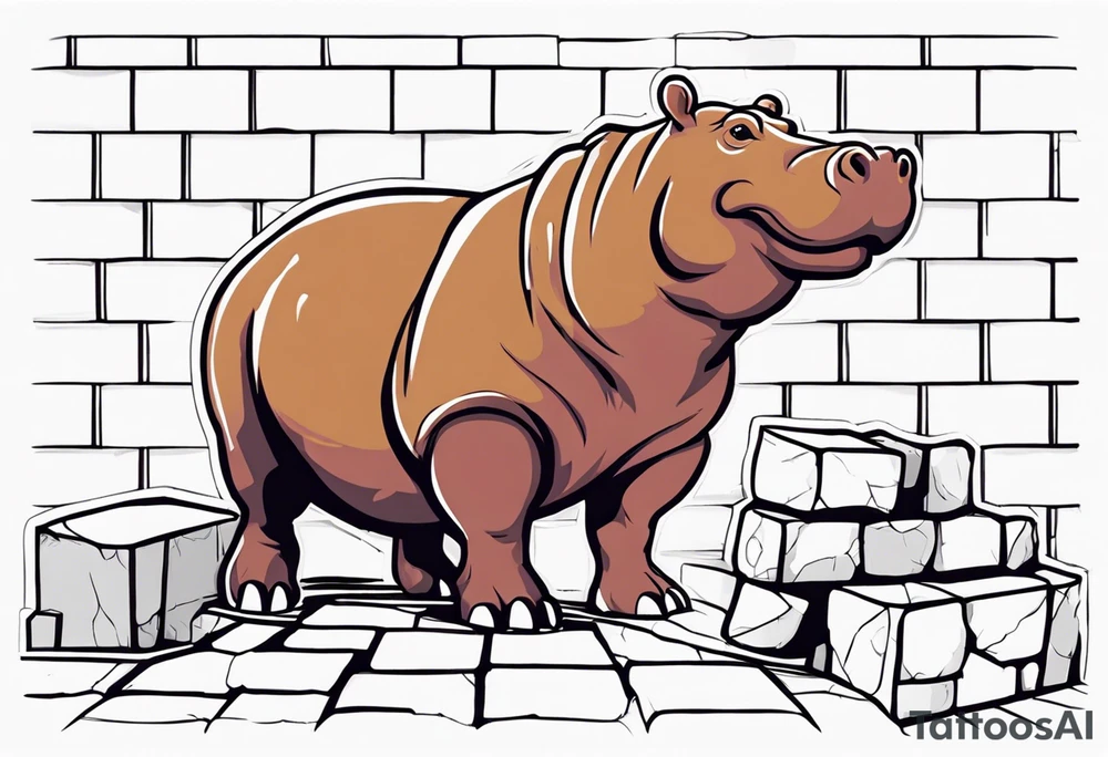 Hippopotamus standing upright and laying bricks onto a partially built brick wall tattoo idea