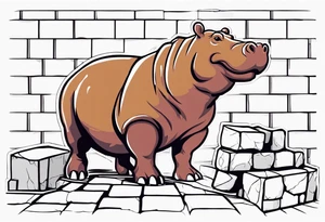 Hippopotamus standing upright and laying bricks onto a partially built brick wall tattoo idea