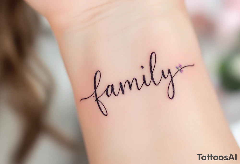 Cursive Family Tattoo with Flowers – The word "family" in elegant cursive, with small lavender and rose blossoms in shades of purple and soft pink growing along the letters. tattoo idea