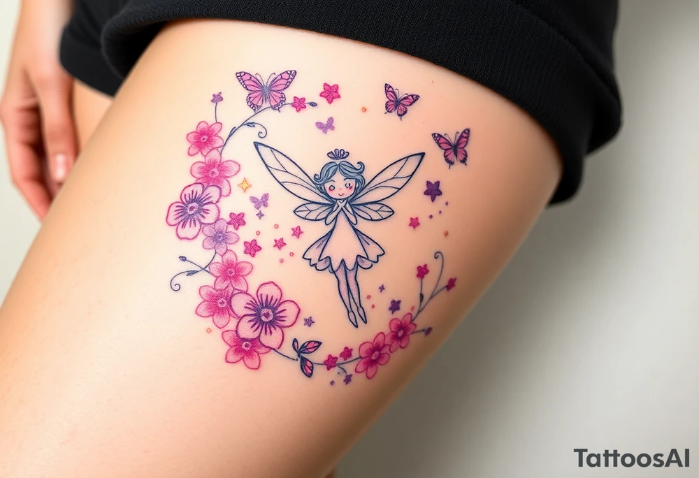 Whimsical fairy surround by pink and purple flowers and butterflies and sparkles tattoo idea