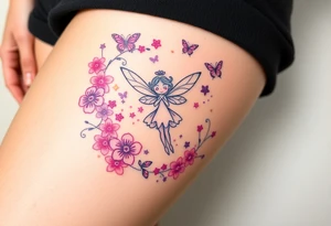 Whimsical fairy surround by pink and purple flowers and butterflies and sparkles tattoo idea