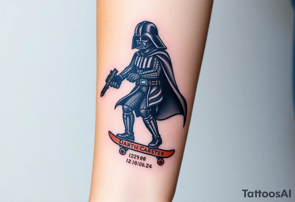 Darth Vader skateboarding with gun> bullets > memorial > god > colors > futuristic/space/star wars
add name "Darth Carter" on skateboard
add date 12/29/88-01/06/24 tattoo idea