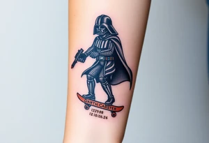Darth Vader skateboarding with gun> bullets > memorial > god > colors > futuristic/space/star wars
add name "Darth Carter" on skateboard
add date 12/29/88-01/06/24 tattoo idea